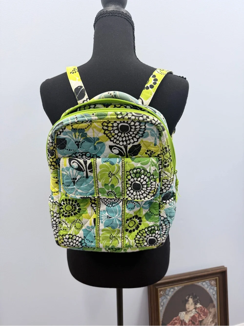 Vera Bradley Quilted Floral Mini Backpack in Lime, Aqua and Black